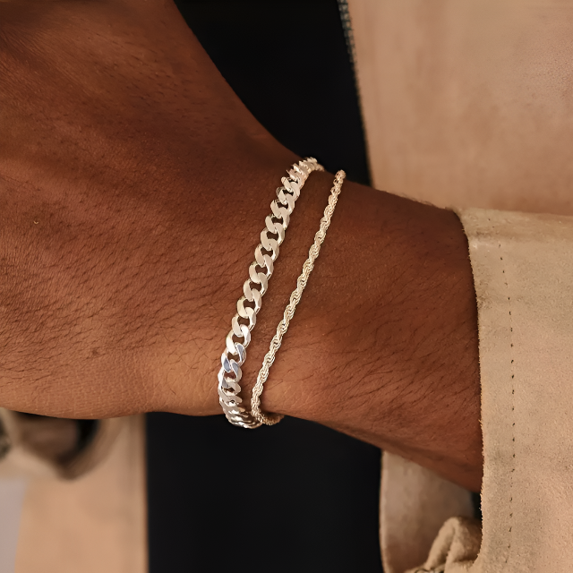 Cuban & Rope Bracelet Set - Silver